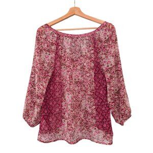 American Eagle Chiffon Blouse Womens L Red Ditzy Boho Floral Peasant Top Sheer